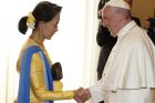 Pope Francis greets Aung San Suu Kyi, leader of Myanmar, during a private audience at the Vatican May 4 (CNS photo/Paul Haring).