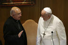  Pope Francis talks with Cardinal Pedro Barreto Jimeno of Huancayo, Peru, during the afternoon session of the Synod of Bishops for the Amazon at the Vatican Oct. 8, 2019. (CNS photo/Paul Haring) 