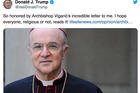 U.S. President Donald Trump tweeted June 11 that he was "honored" by an open letter written by Archbishop Carlo Maria Vigano, who served as nuncio to the United States from 2011 to 2016. In the letter, the former nuncio claimed that lockdown restrictions and unrest in the United States were part of a plot to establish a new world order. (CNS photo/Twitter) 