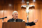 Bishop David A. Zubik of Pittsburgh addresses the media Aug. 14 at the pastoral center in Pittsburgh. (CNS photo/Chuck Austin, Pittsburgh Catholic)