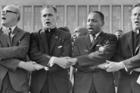 Rev. Dr. Martin Luther King Jr. with The University of Notre Dame President Rev. Theodore M. Hesburgh, C.S.C., Rev. Edgar Chandler (far left), and Msgr. Robert J. Hagarty of Chicago (far right) at the Illinois Rally for Civil Rights in Chicago's Soldier Field, 1964. (The University of Notre Dame Archives)