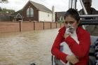 A woman holds her cat as she rides a boat out of her flooded Houston neighborhood on Aug. 29. (AP Photo/Charlie Riedel)