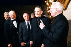 Father O’Hare holds forth with (right to left) Cardinal Avery Dulles and New York Mayors Michael Bloomberg and Ed Koch. Photo courtesy of Fordham University