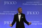 Former President Barack Obama accepts the 2017 Profile in Courage award at the John F. Kennedy Presidential Library and Museum. (AP Photo/Steven Senne)