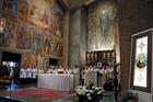 A CONTROVERSIAL CANONIZATION. An image of Blessed Junípero Serra, right, is seen as Pope Francis celebrates Mass in Rome on May 2.