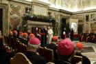 Pope Francis greets Cardinal Angelo Sodano, dean of the College of Cardinals, during the traditional Christmas greetings to the Roman Curia in the Clementine Hall of the Apostolic Palace at the Vatican, Dec. 21 (CNS photo/Evandro Inetti, pool). 