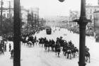 Royal North West Mounted Police operations in Winnipeg General Strike, 1919; turning left on William Street towards City Hall, shortly before firing into the crowd.