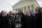 Sister Loraine McGuire with Little Sisters of the Poor speaks to the media after Zubik v. Burwell, an appeal brought by Christian groups demanding full exemption from the requirement to provide insurance covering contraception under the Affordable Care Act, was heard by the U.S. Supreme Court in Washington on March 23, 2016. Photo courtesy of Reuters/Joshua Roberts