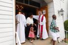 The Rev. Kazimierz Bem greets worshippers leaving First Church in Marlborough, Mass., following an ecumenical prayer service on June 3 (Photo: First Church/Barbara Parente).