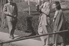 Robie Macauley with Arthur Koestler and Flannery O'Connor at Amana Colonies in Iowa, 9 Oct 1947. (Cmacauley photo/English Wikipedia)