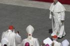 Pope Francis walks towards cardinals at the end of a Mass for the the Holy Year of Mercy, in St. Peter's Square at the Vatican, Sunday, April 3, 2016. (AP Photo/Alessandra Tarantino)