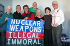 The Kings Bay Plowshares 7. From left to right: Elizabeth McAlister, Stephen Kelly, Carmen Trotta, Mark Colville, Martha Hennessy, Clare Grady and Patrick O’Neill. Photo courtesy of the Kings Bay Plowshares 7