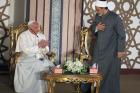 Pope Francis greets Al-Azhar's Grand Imam Ahmed al-Tayeb during a meeting in Cairo on April 28, 2017. Photo courtesy of Reuters/Mohamed Abd El-Ghany