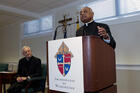 The archbishop designated by Pope Francis to the Archdiocese of Washington, Archbishop Wilton D. Gregory, speaks during a news conference as Cardinal Donald Wuerl looks on, at Washington Archdiocesan Pastoral Center in Hyattsville, Maryland, on April 4, 2019. (AP Photo/Jose Luis Magana)