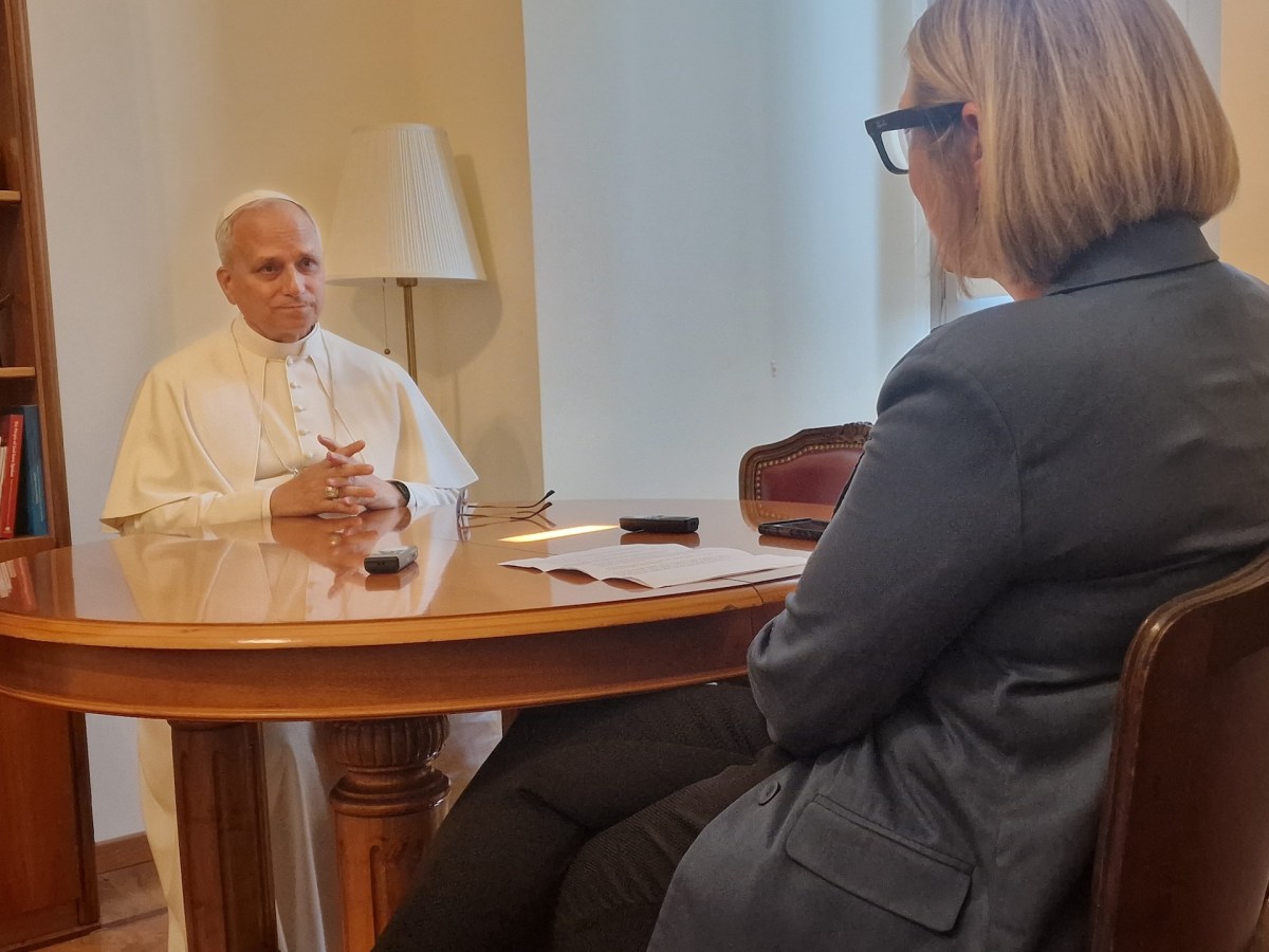 Pope Leo XIV sits with journalist Elise Allen during their July 30, 2025 interview at the Vatican's Palazzo Sant'Uffizio.